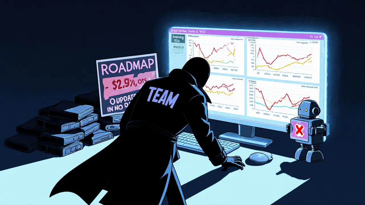 A shadowy figure sneaks away as a fake future price chart glows on a screen, surrounded by abandoned roadmap signs.