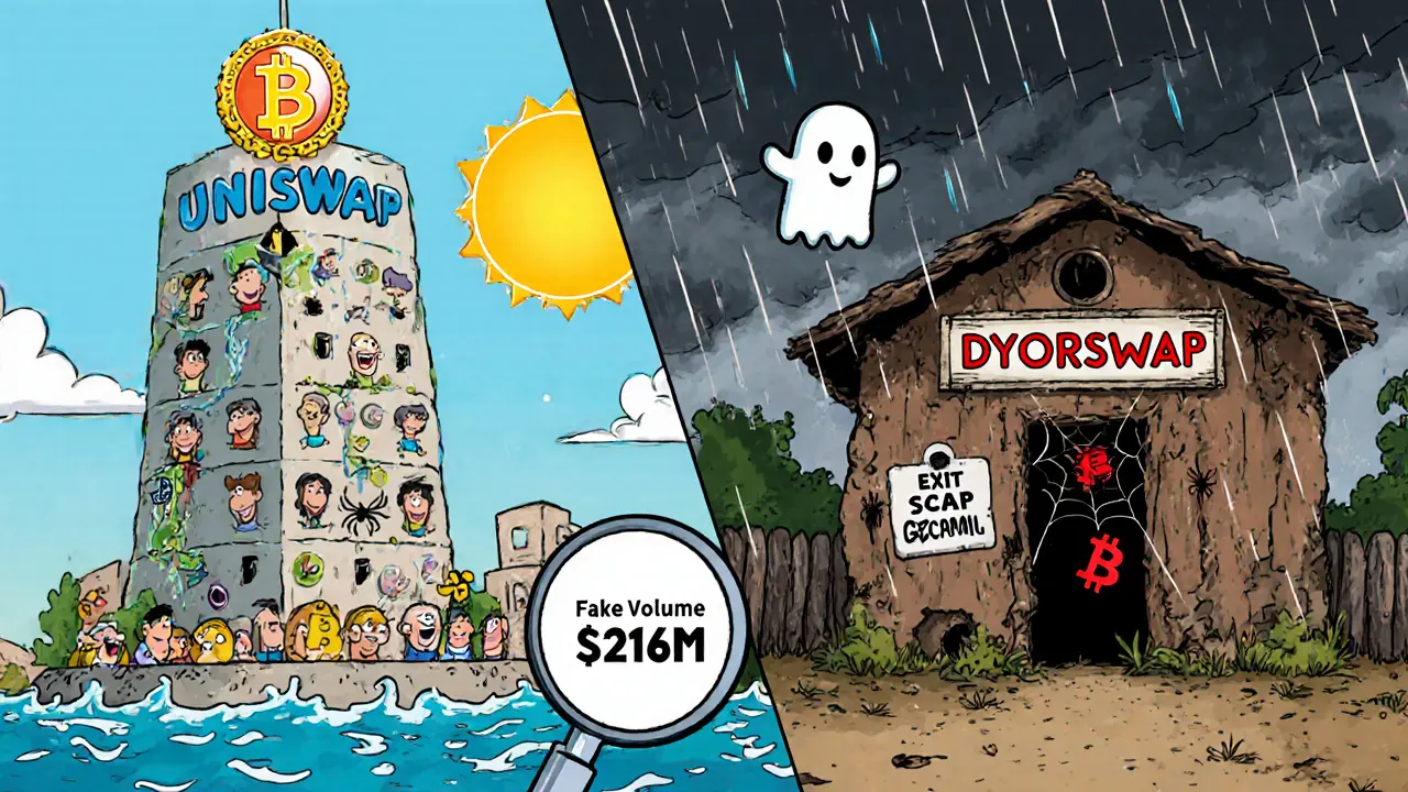 A split cartoon scene: a vibrant, safe crypto exchange vs. a crumbling, haunted shack labeled DYORSwap with fake volume signs.