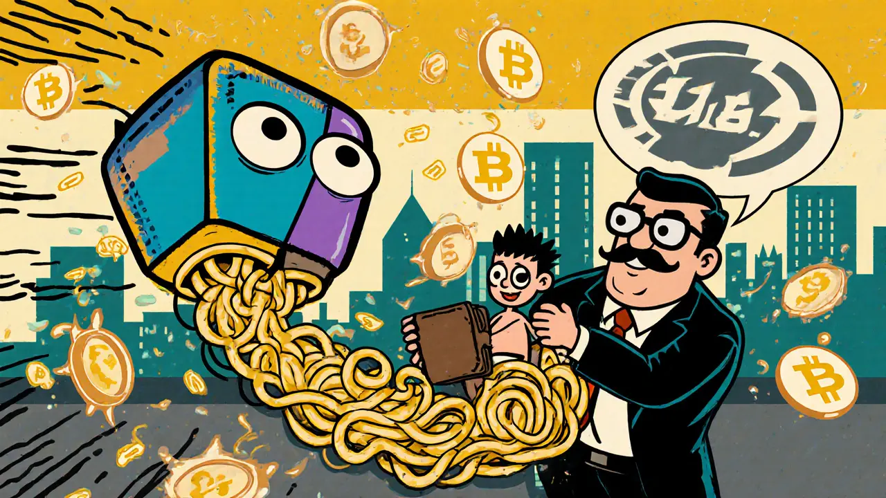 A tiny wallet rides a Tor noodle through blockchain chaos, escaping a villainous VPN trying to catch it.