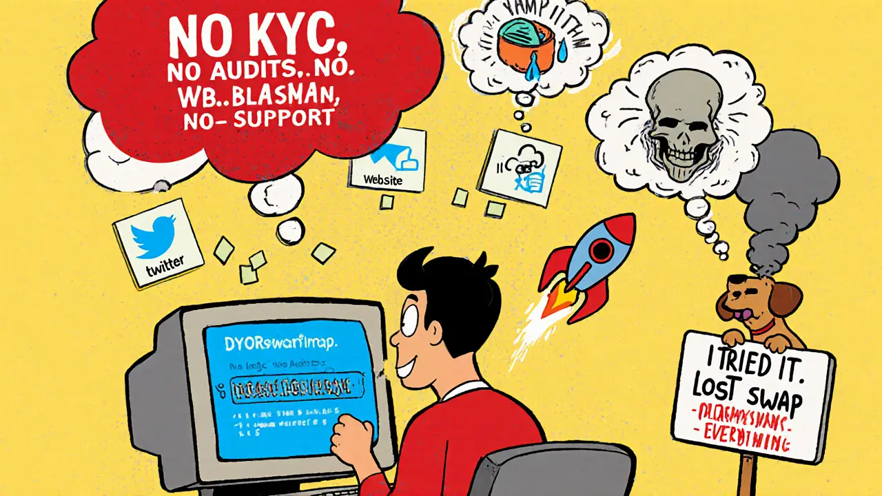 A user copying contract addresses from sticky notes while a skull-shaped warning looms, surrounded by visions of lost crypto and a sad dog.