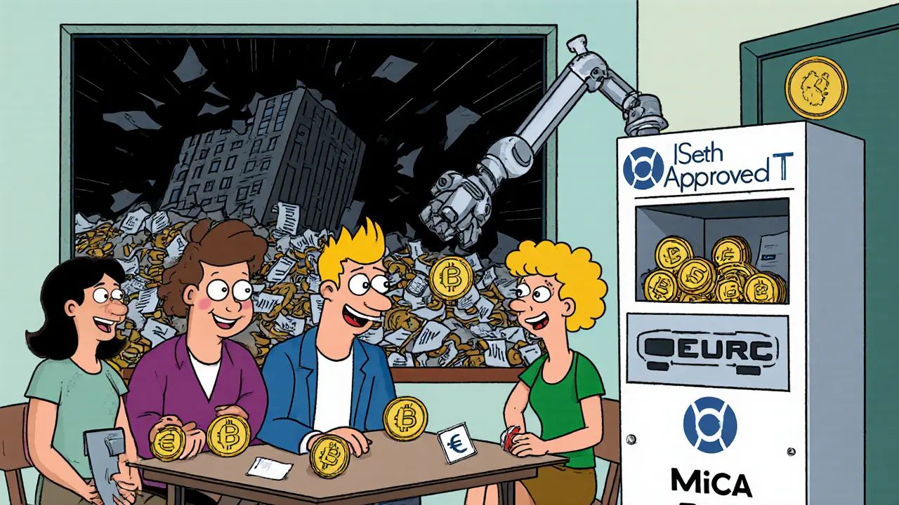 Europeans happily converting USDT to EURC using a cartoon coin machine