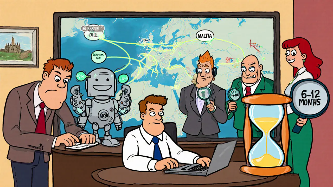 Quirky team in a Maltese office managing crypto compliance with glowing vaults and European connections.