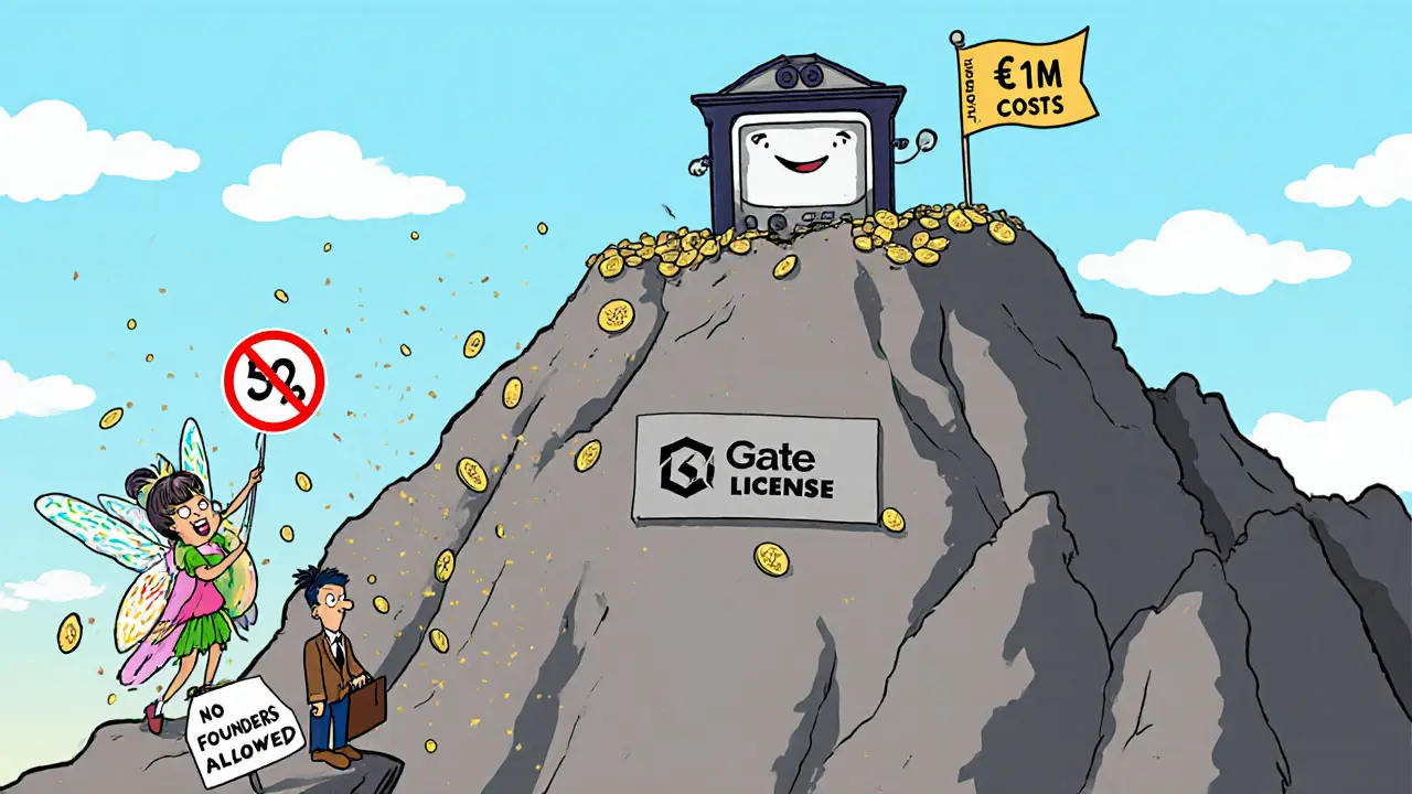 Small founder facing a huge cost mountain while a licensed company waves from the top.