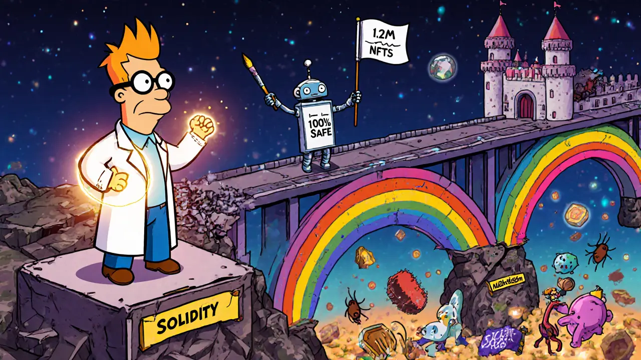 Smart contract in lab coat proving safety with math, while a broken bridge collapses behind.