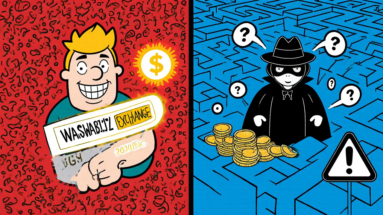 Split scene: one person using a tracked exchange vs. another using privacy tools with a cloak and maze, contrasting exposure and secrecy.