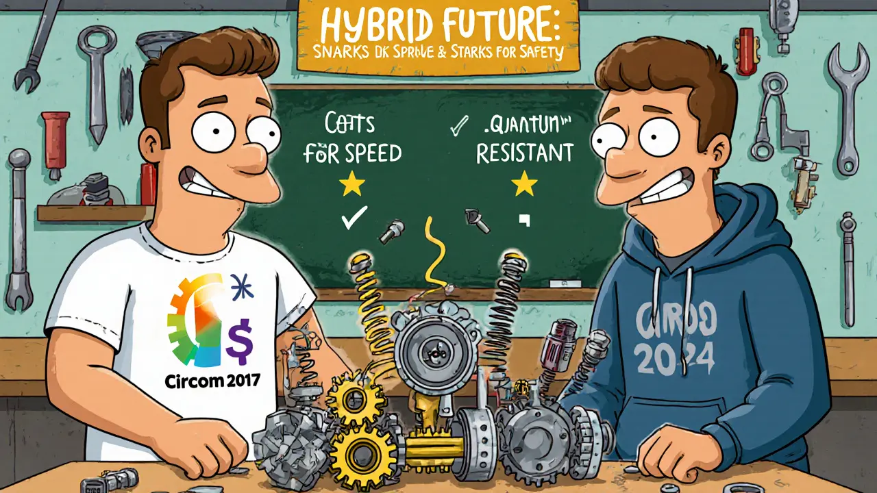 Two developers building a hybrid ZK machine with SnarkJS and Cairo tools in a cartoon workshop.