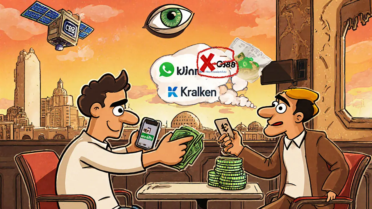 Two people secretly trading crypto in a Cairo café while a watchful CBE eye looms nearby.