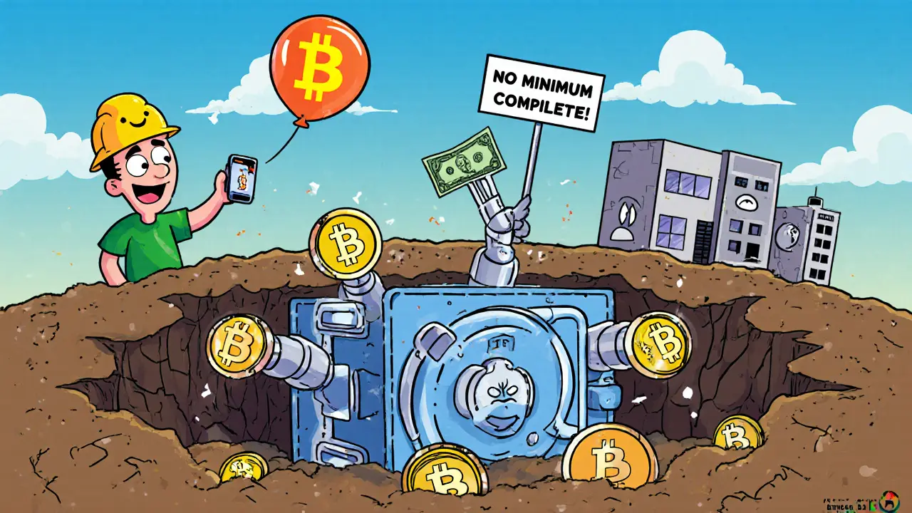 Underground cold wallet with safety-helmet coins, mobile app sending withdrawal confirmation to a user with  bill.