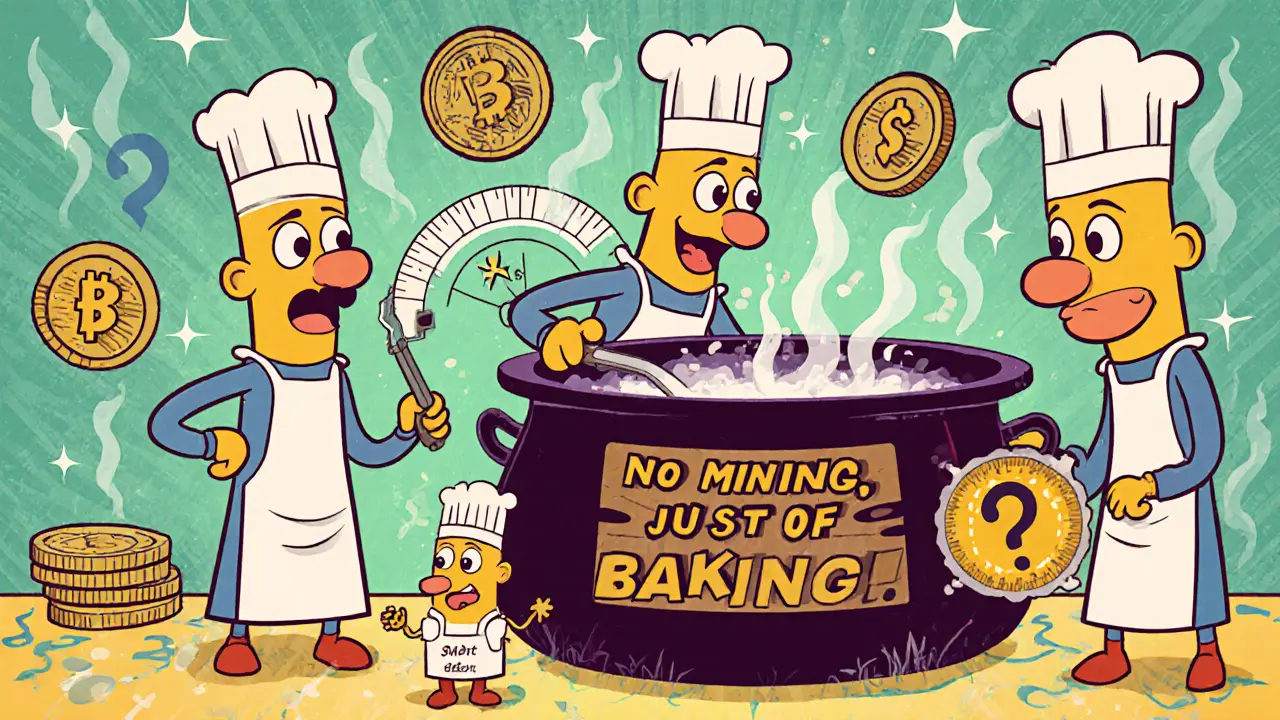 Whimsical bakers made of XTZ coins cooking rewards in a blockchain kitchen.