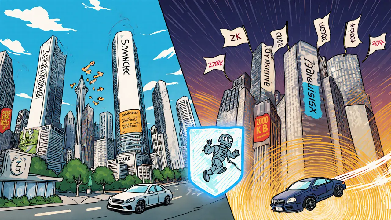 Whimsical city split between zk-SNARK towers and zk-STARK skyscrapers, with a frozen quantum attack robot.