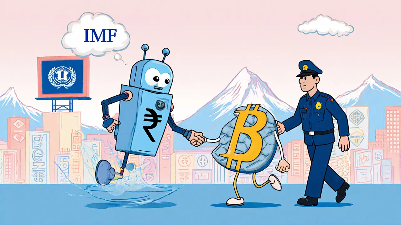 A friendly digital rupee robot shakes hands with a retiring Bitcoin character under a blockchain police officer.
