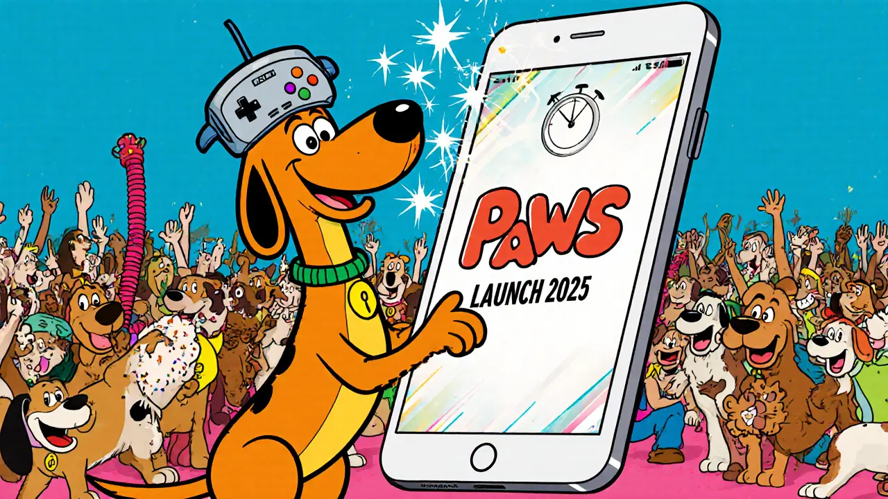 A happy cartoon dog tapping a PAWS game phone, with sparkles and a &#039;LAUNCH 2025&#039; clock in the background.