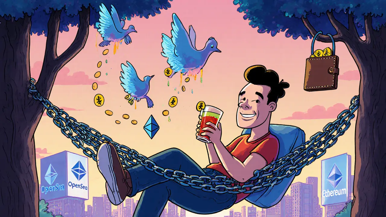 Artist relaxing as NFTs float by, dropping coins into a wallet.