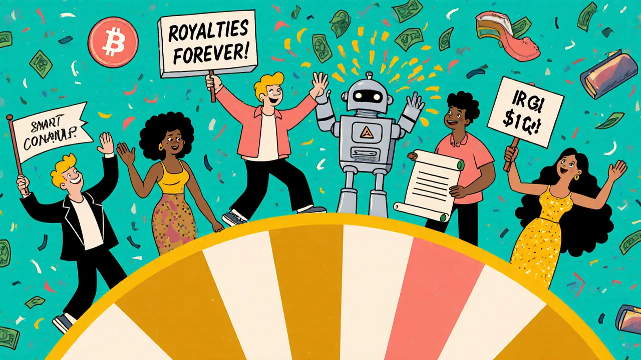 Artists celebrating on a blockchain wheel with money flying everywhere.