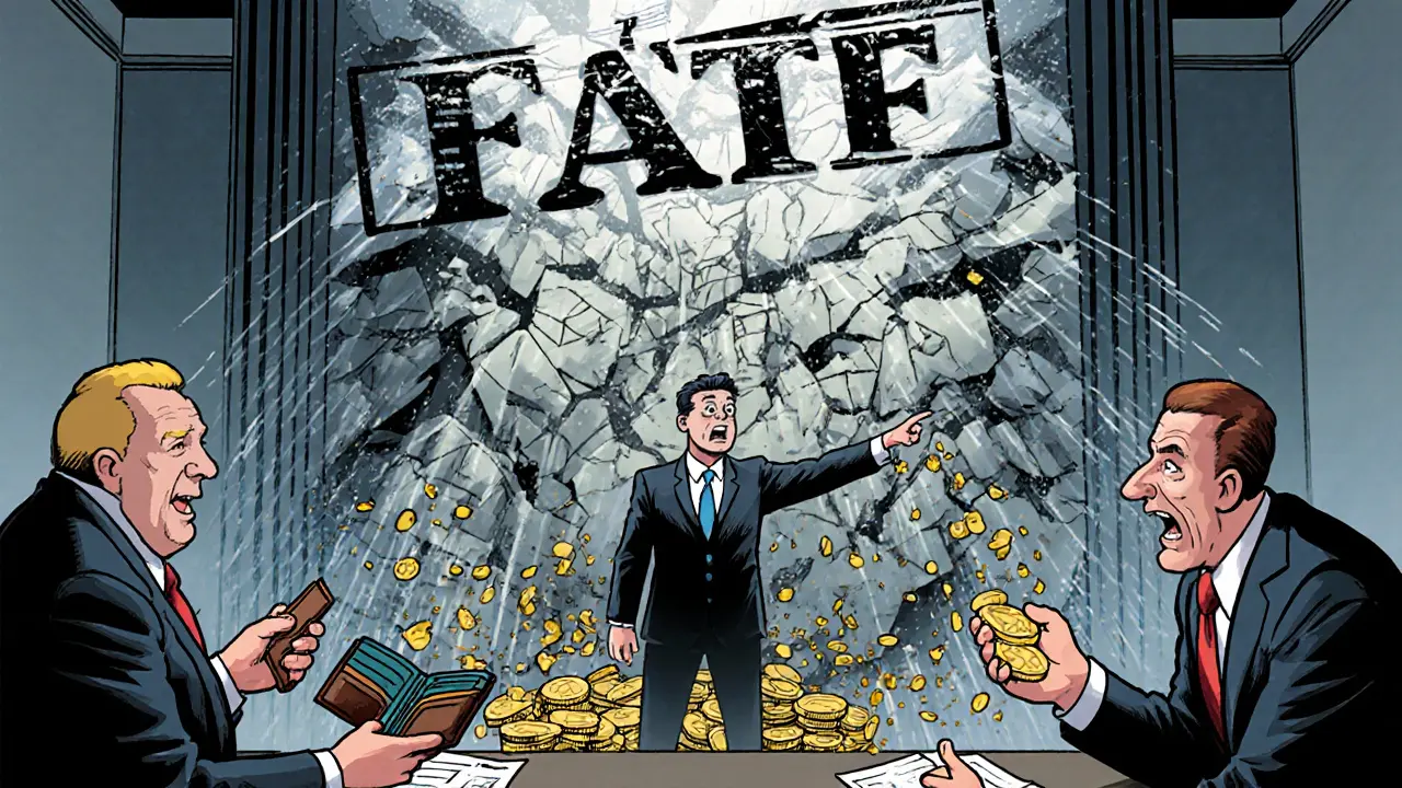 Canadian regulator shutting down a crumbling crypto exchange building made of coins, users holding empty wallets.