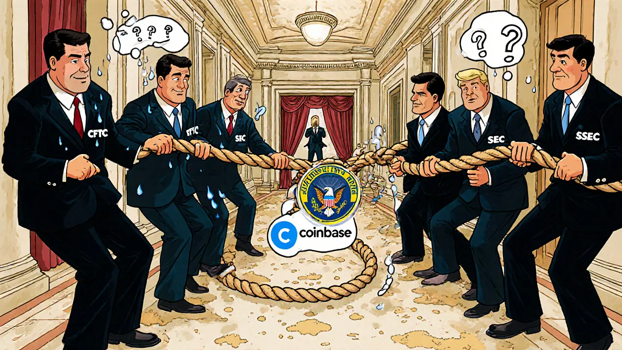 Congress members tugging on a rope labeled &#039;CLARITY Act&#039; in a chaotic hallway.