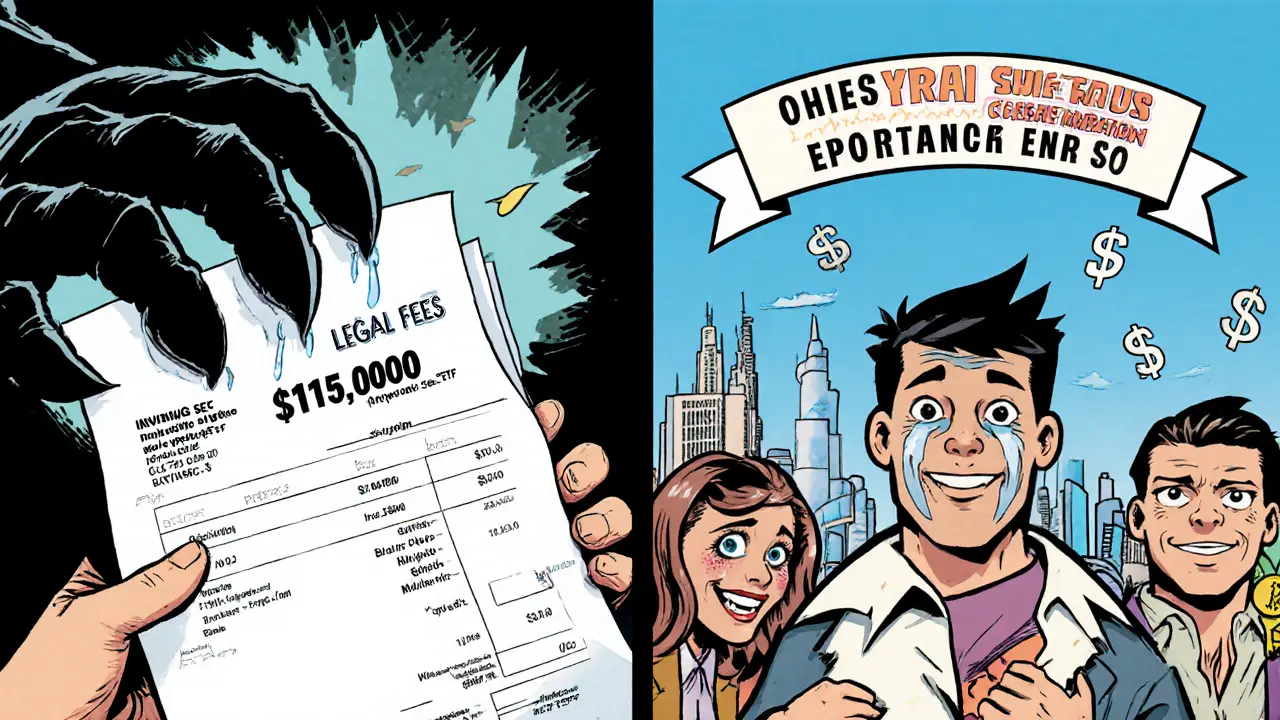 Crypto founder crying over legal bills on one side, celebrating in Dubai on the other.