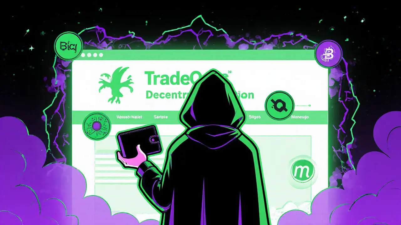 Privacy advocate standing before a glowing portal to decentralized wallets, TradeOgre fading into smoke behind.