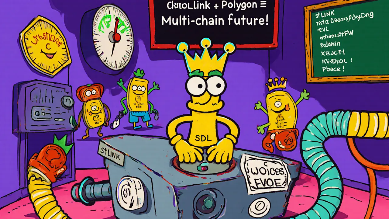 SDL token wearing a crown voting in a whimsical DeFi control room with stLINK and stPOL bouncing around.