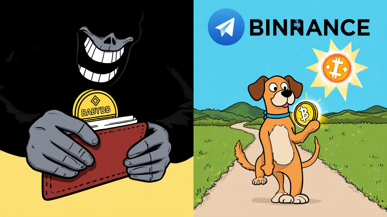 Split scene: left shows a thief stealing a fake token, right shows a dog holding a real PAWS token with verified logo.
