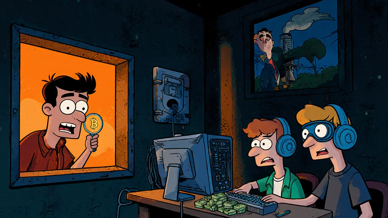 Teens mine Bitcoin in a basement using hydropower while a bank officer spies through a keyhole.