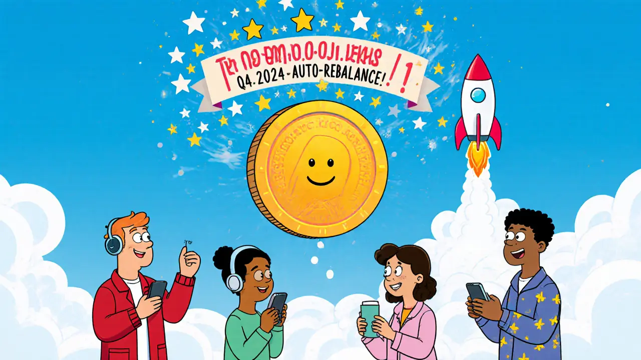 A group of people using Hey Anon on phones, with a smiling ANON token mascot floating above them surrounded by stars.