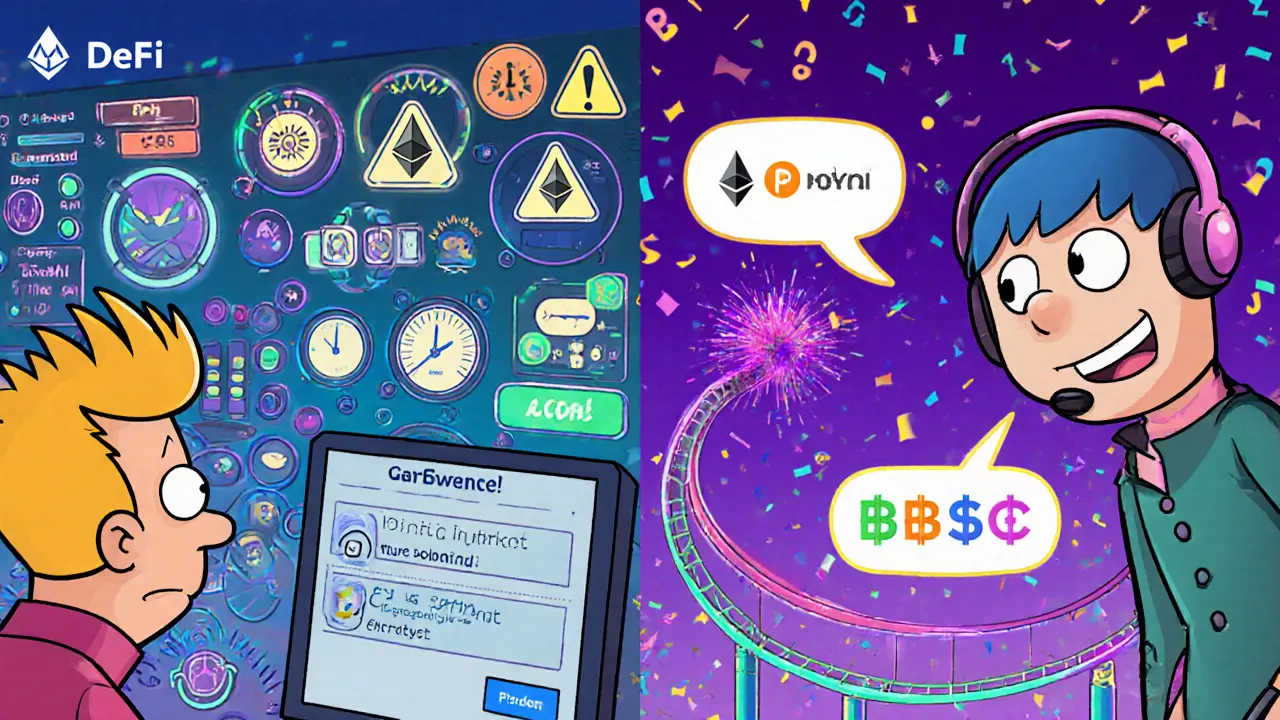 A split-screen cartoon: confused user vs. happy user with AI turning speech into smooth crypto transactions across chains.