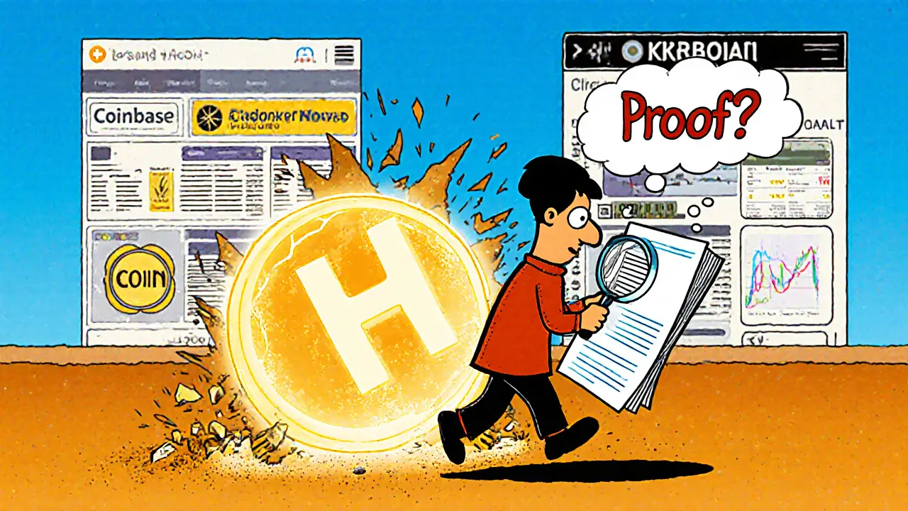 A user walking away from crumbling HCoin sign as trusted exchanges glow in the distance.