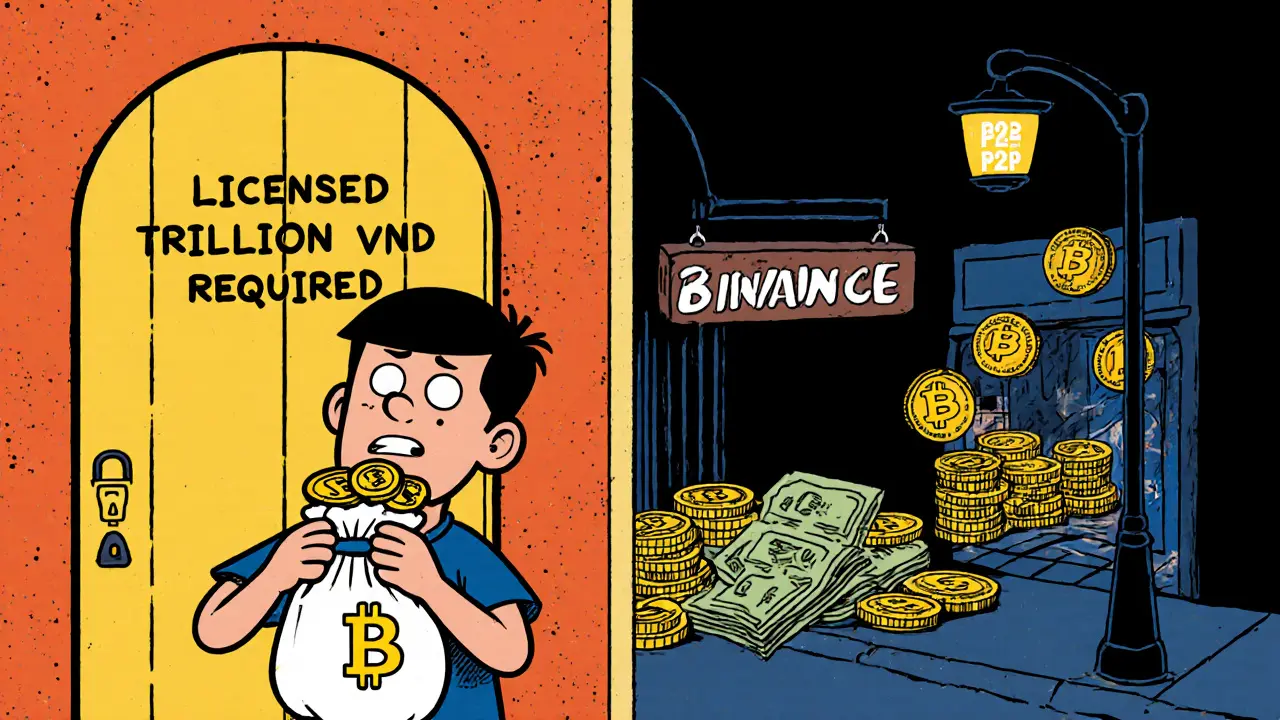 A Vietnamese person hesitates between a locked legal exchange and an underground crypto market.