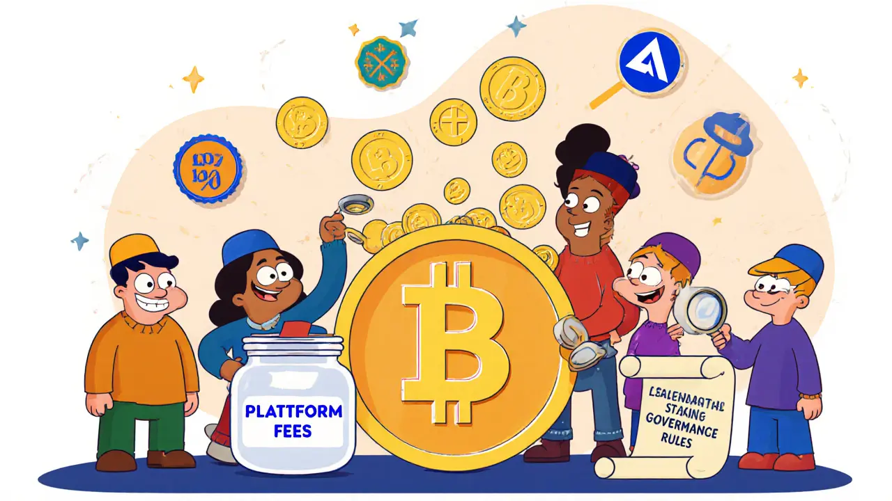 Characters vote and stake ABX tokens while earning platform fees in retro cartoon style
