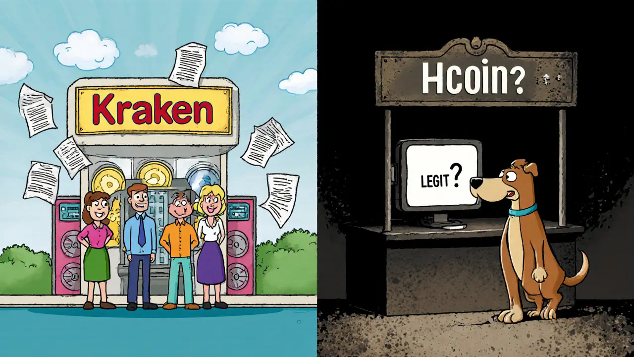 Contrast between a well-lit legitimate exchange and a dark, empty HCoin booth.