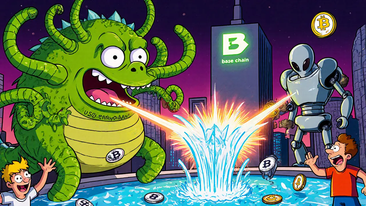 Epsilon robot defeating a rug pull monster with low-slippage energy beams.