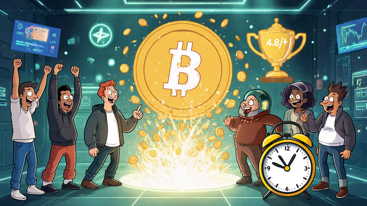 Happy traders celebrating ALB token rewards in a futuristic crypto lounge.