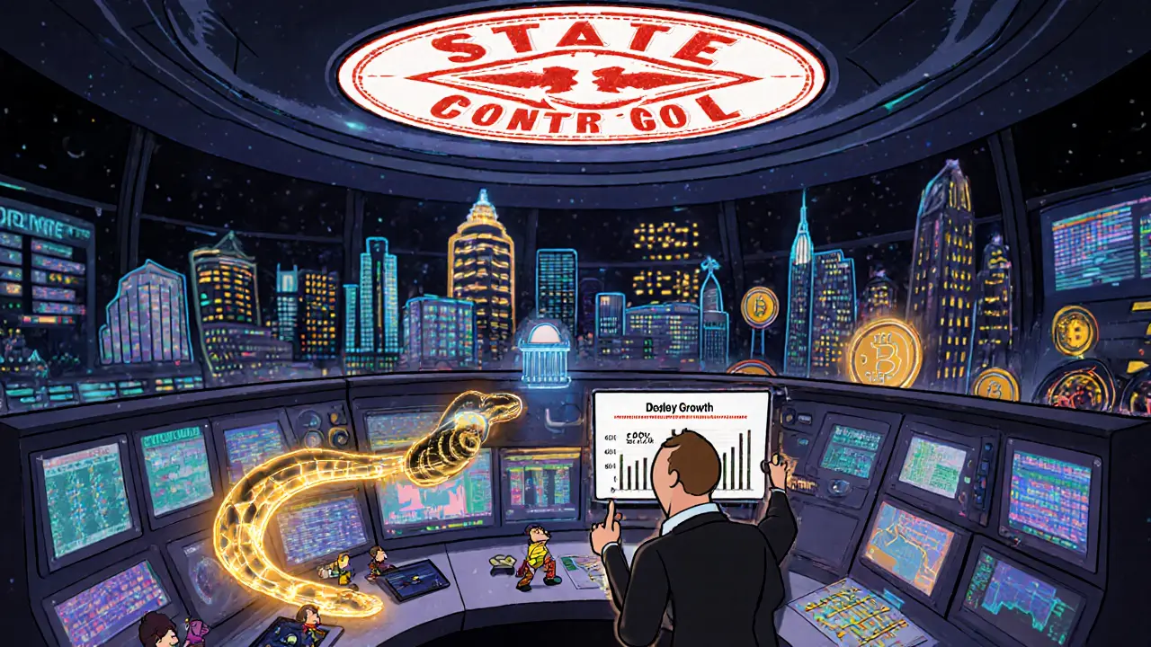 NDAChain glows as a digital snake connecting government institutions under state control.