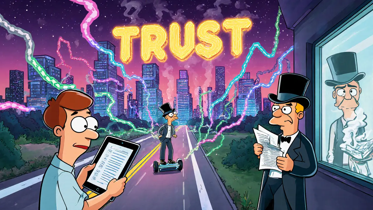 Patients tap tablets to control data access, blockchain chains ripple through air, regulators ride hoverboards.