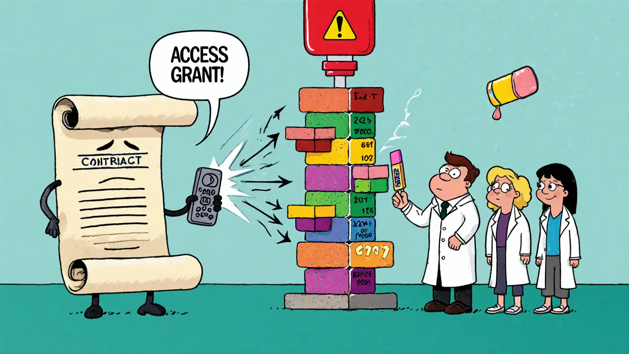 Talking smart contract blocks a scientist trying to erase data with a bouncing eraser.