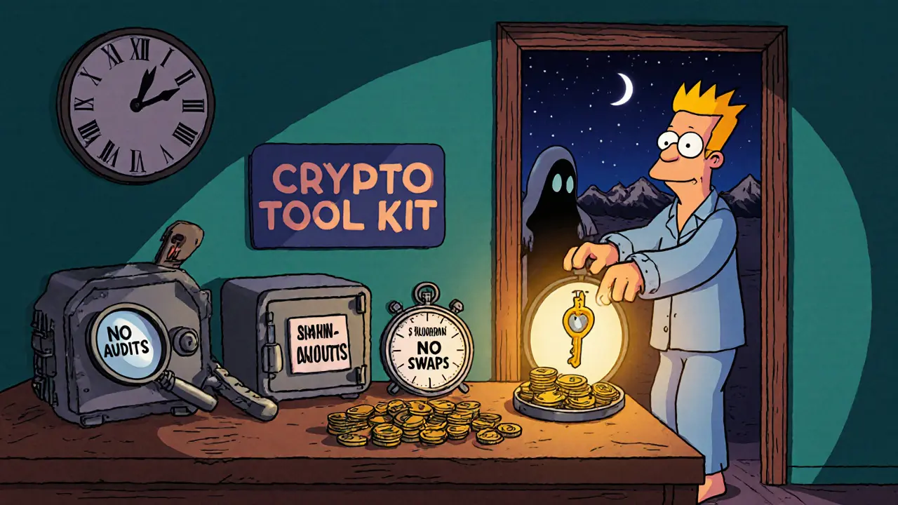 Whimsical tool kit with &#039;No Audits&#039; magnifying glass and glowing &#039;No KYC&#039; key beside a tiny vault.