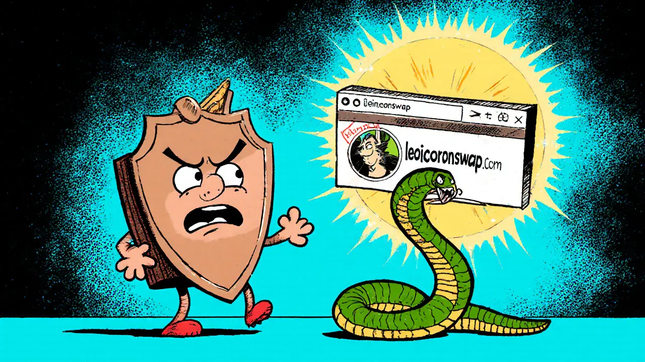 A brave wallet shield fighting a snake-like phishing website with a real Leonicorn Swap logo shining behind.