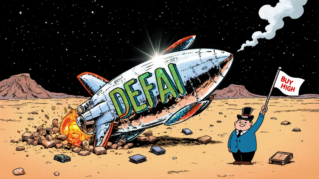 A cartoon DEFAI spaceship crash-landing in a desert of empty wallets.