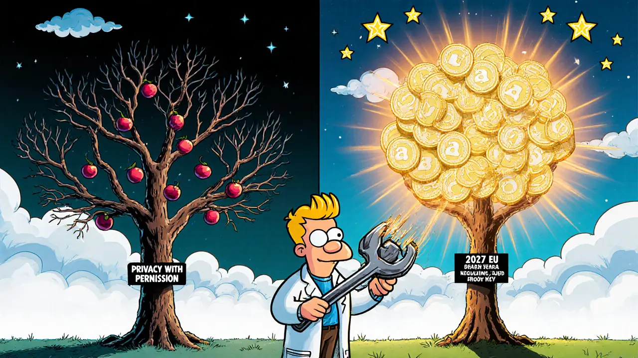 A glowing privacy blockchain tree with hybrid compliance features under development