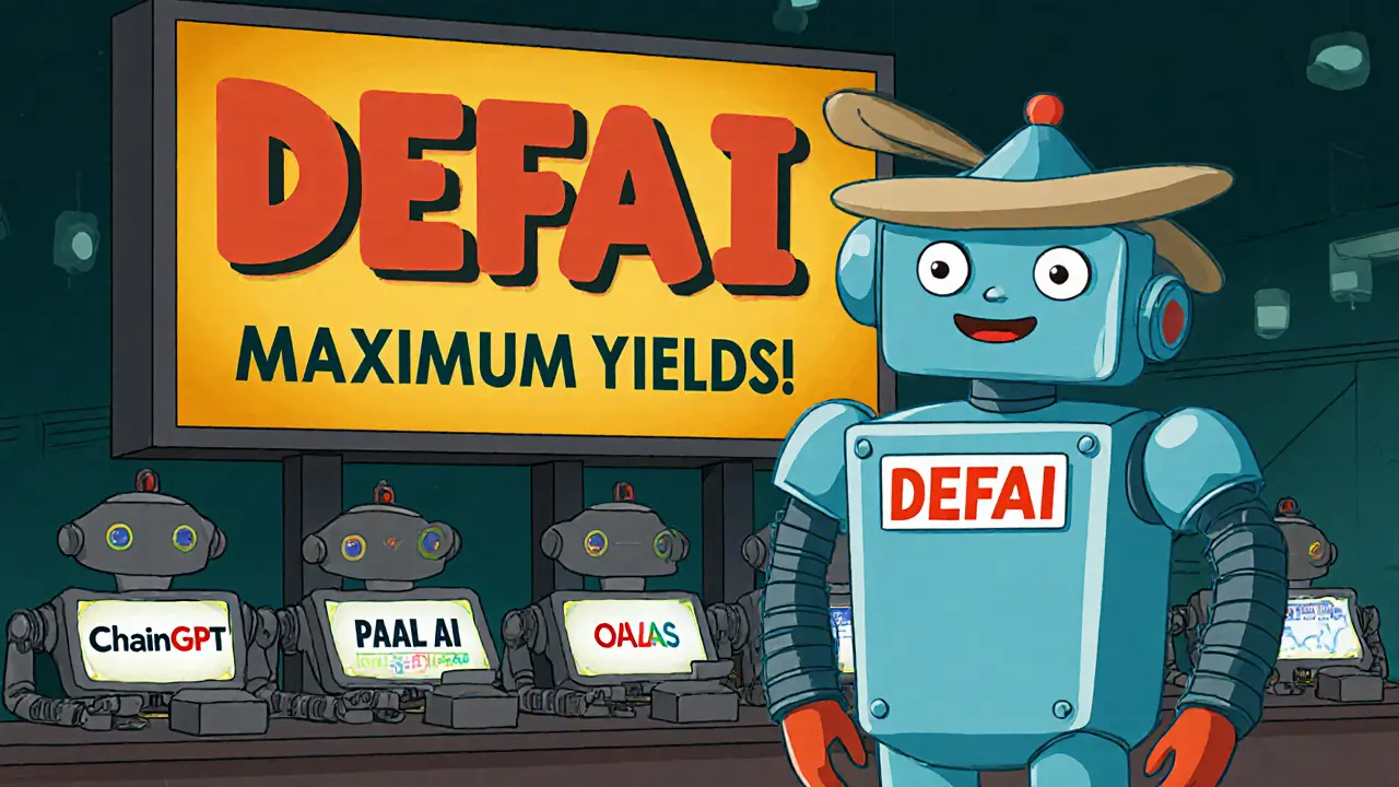 A smiling AI robot beside a fake DEFAI billboard while real projects work quietly behind.