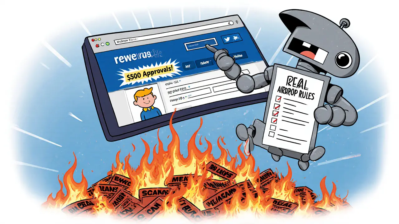 A user revoking scam approvals while burning fake airdrop sites, with a checklist for real airdrop rules.