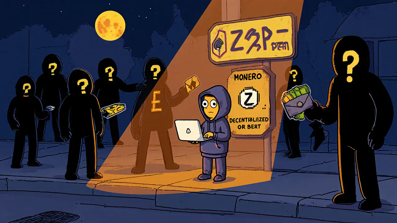 A user trading Monero on a nighttime P2P marketplace with shadowy figures