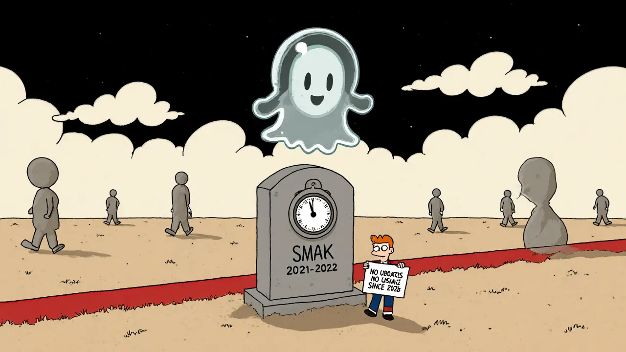 Ghostly SMAK token above a tombstone with &#039;No Updates Since 2022&#039; sign