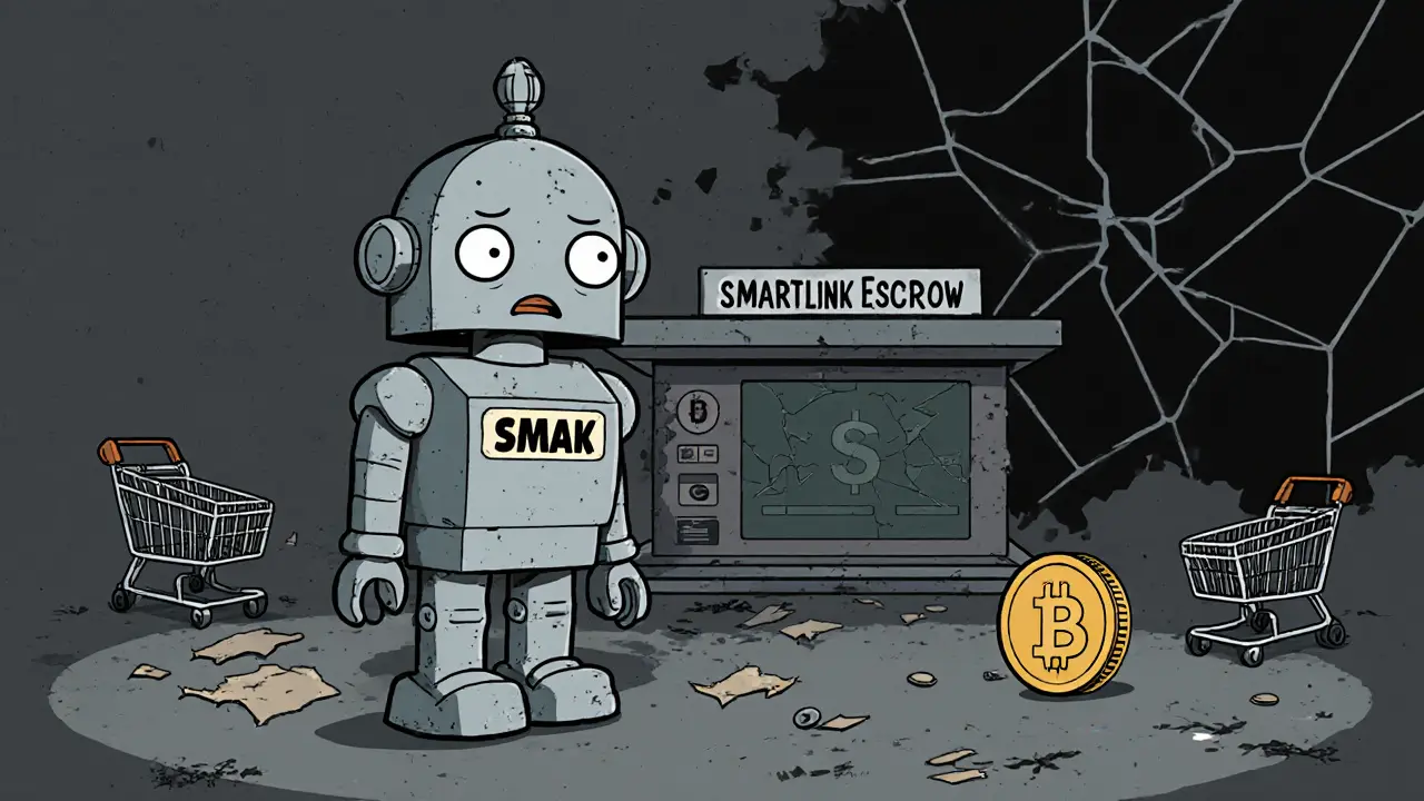 Lonely robot beside a broken Smartlink platform with rolling empty tokens