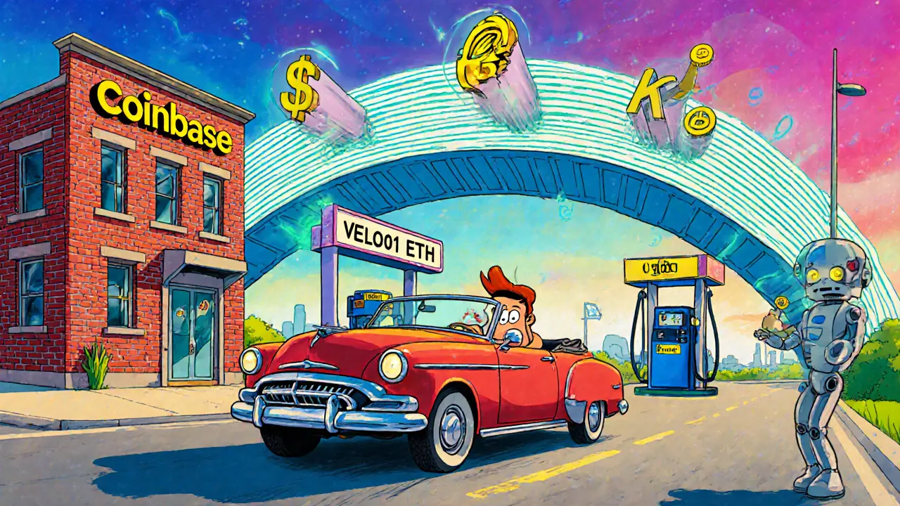 A cartoon wallet driving a vintage car through a zkSync bridge to a futuristic gas station labeled &#039;0.0001 ETH Fee&#039;.