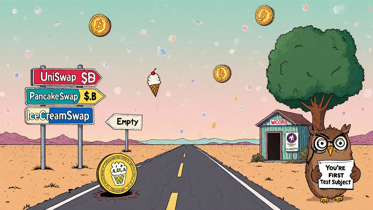 A deserted crypto highway with signs pointing to major DEXs and a tiny IceCreamSwap shack.