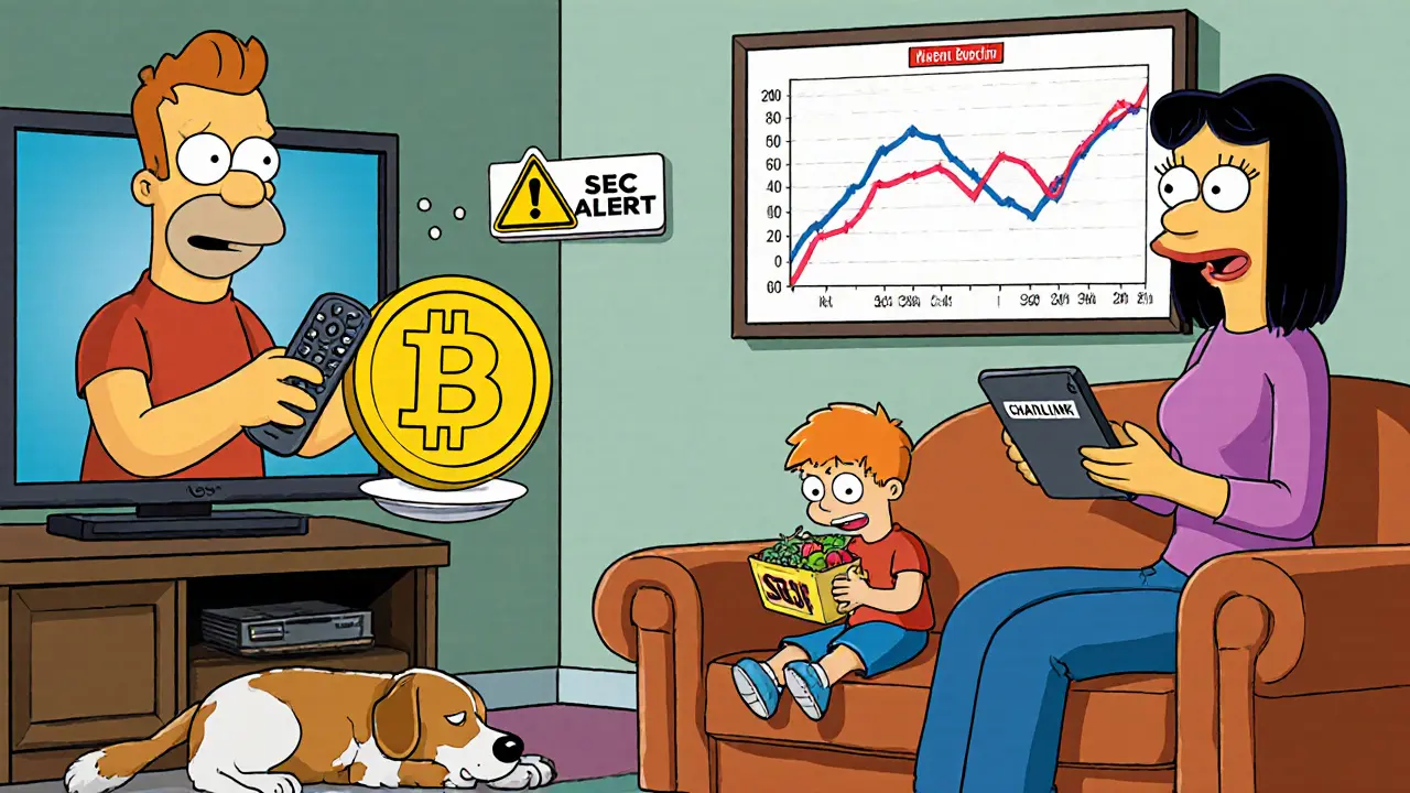 A family using crypto coins at home with a warning tag on a Chainlink token and a volatility chart on the wall.