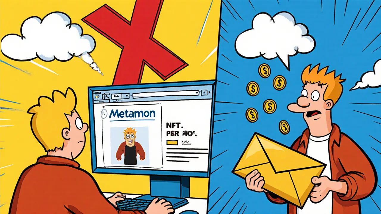 A gamer shocked as their Metamon NFT gets flagged for marketplace listing, while another version celebrates an airdrop in split-screen comedy style.