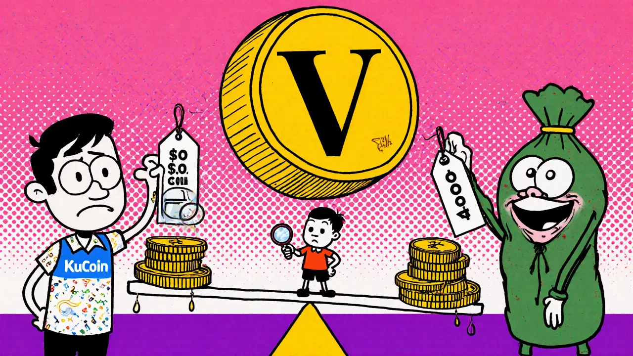 A giant VC token on a seesaw between two cartoon exchanges with wildly different price tags, a confused trader below.